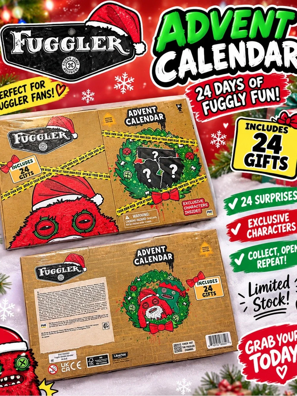 Fuggler Red Advent Calendar for Kids - 24 Surprise Toys